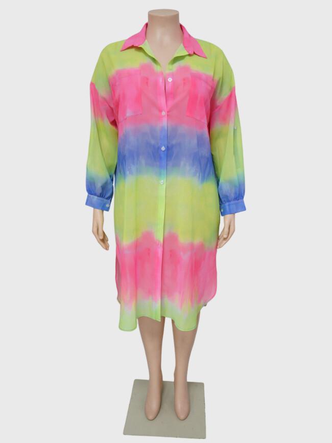 Plus Tie Dye Loose Lapel Button Shirt Dress