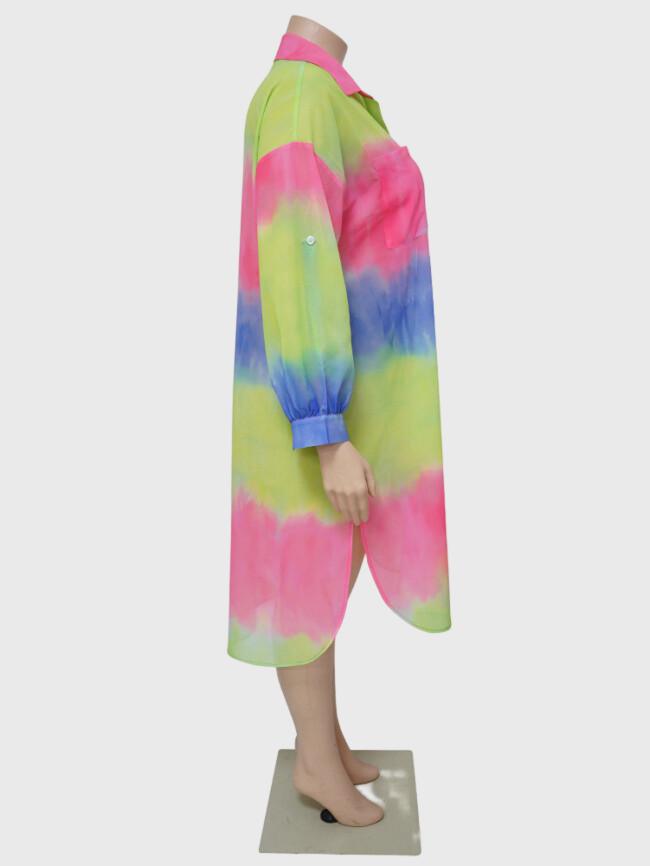 Plus Tie Dye Loose Lapel Button Shirt Dress