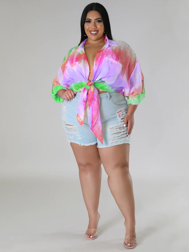 Plus Tie Dye Loose Lapel Button Shirt Dress