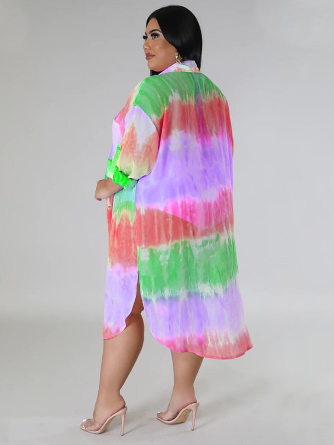 Plus Tie Dye Loose Lapel Button Shirt Dress