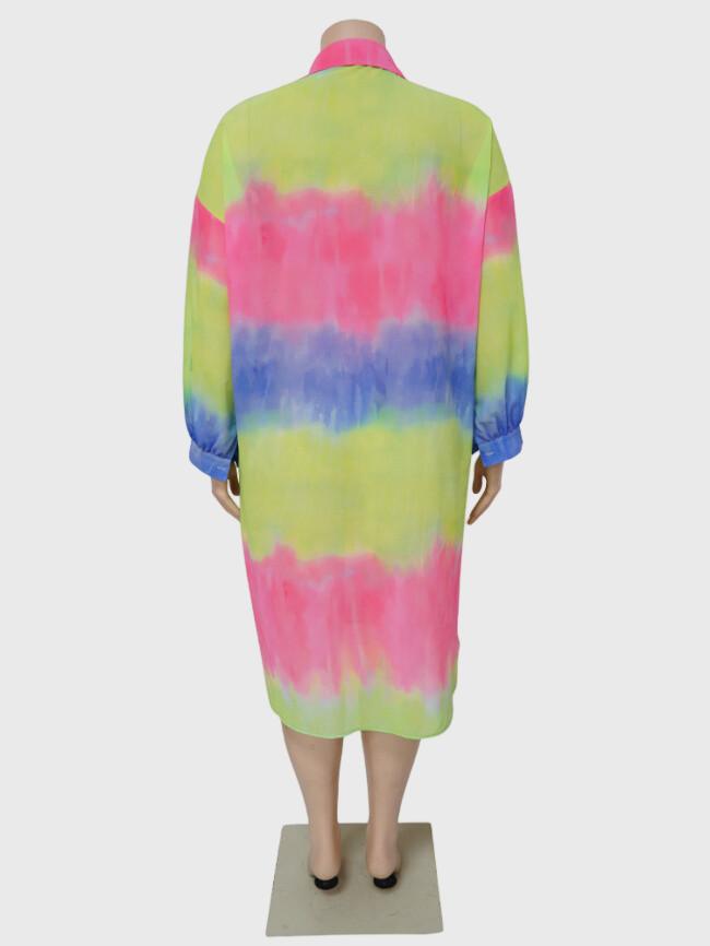 Plus Tie Dye Loose Lapel Button Shirt Dress