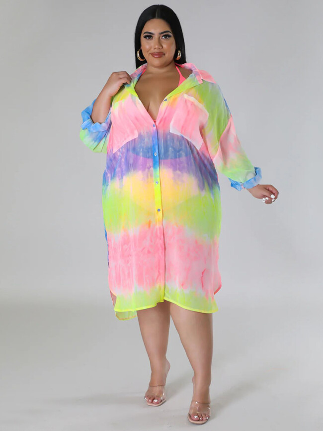 Plus Tie Dye Loose Lapel Button Shirt Dress