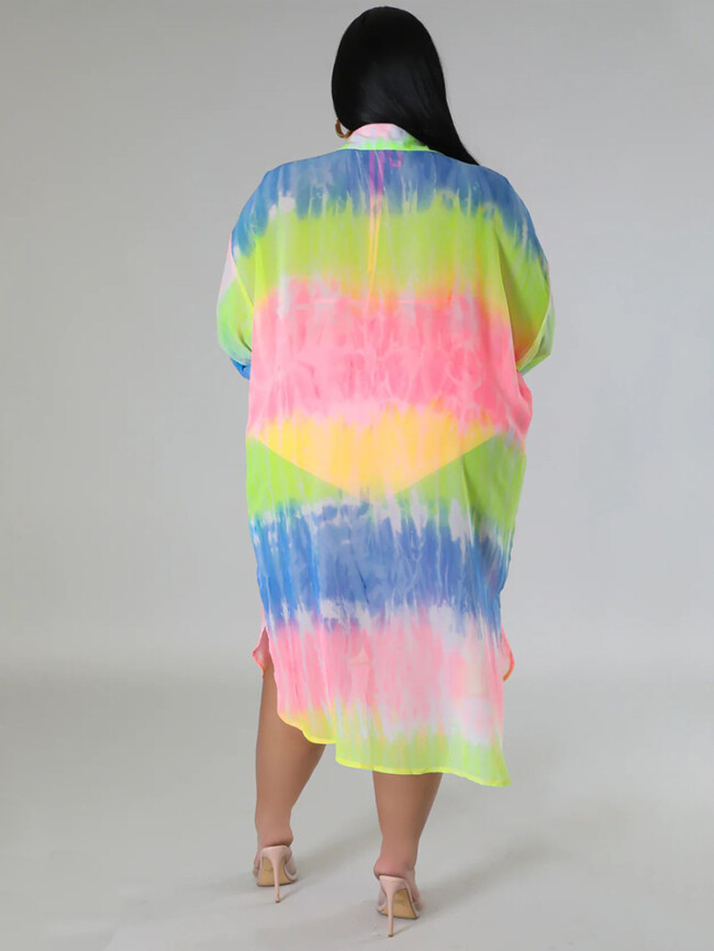 Plus Tie Dye Loose Lapel Button Shirt Dress