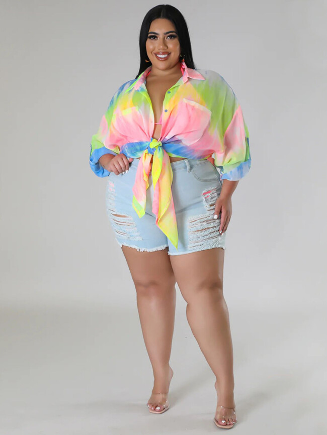 Plus Tie Dye Loose Lapel Button Shirt Dress