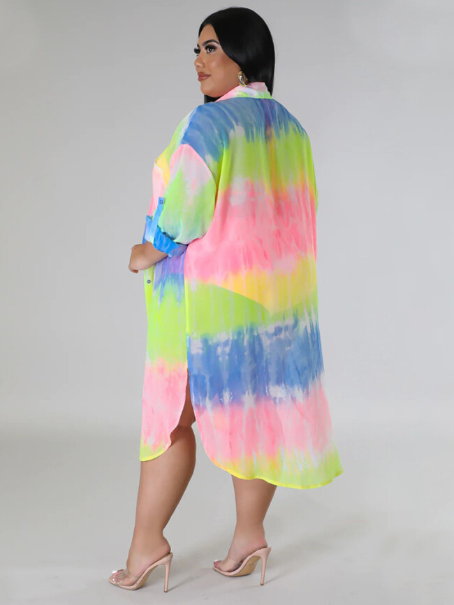 Plus Tie Dye Loose Lapel Button Shirt Dress