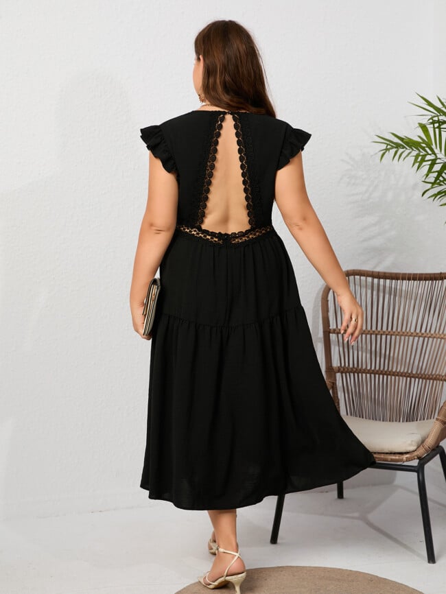 Plus V Neck Lace Panel Open Back Dress