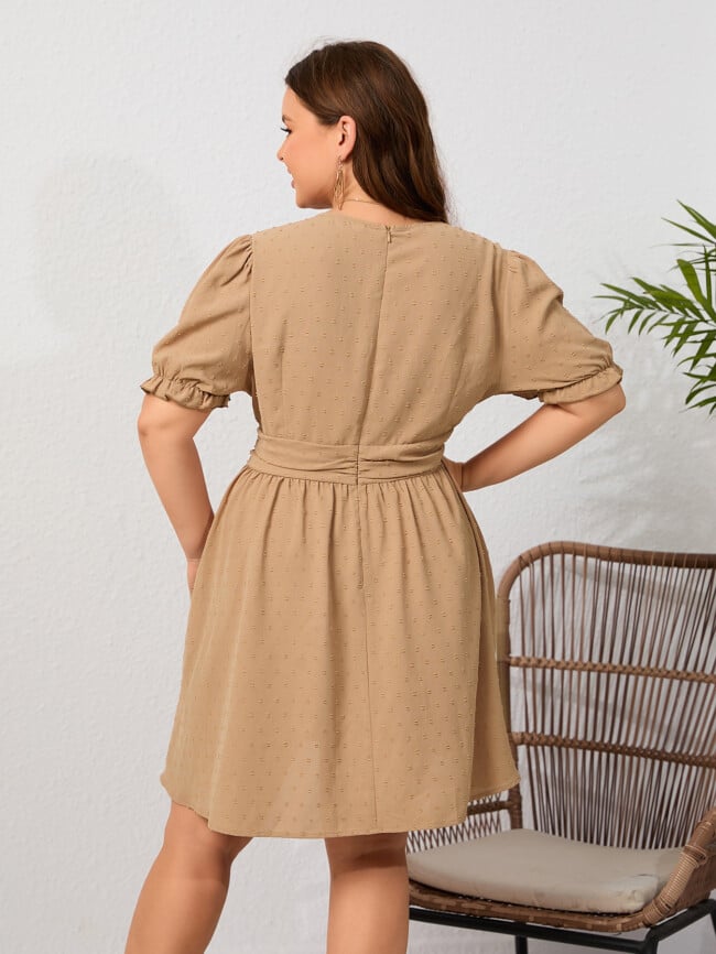 Plus V Neck Puff Sleeve High Waist Dress