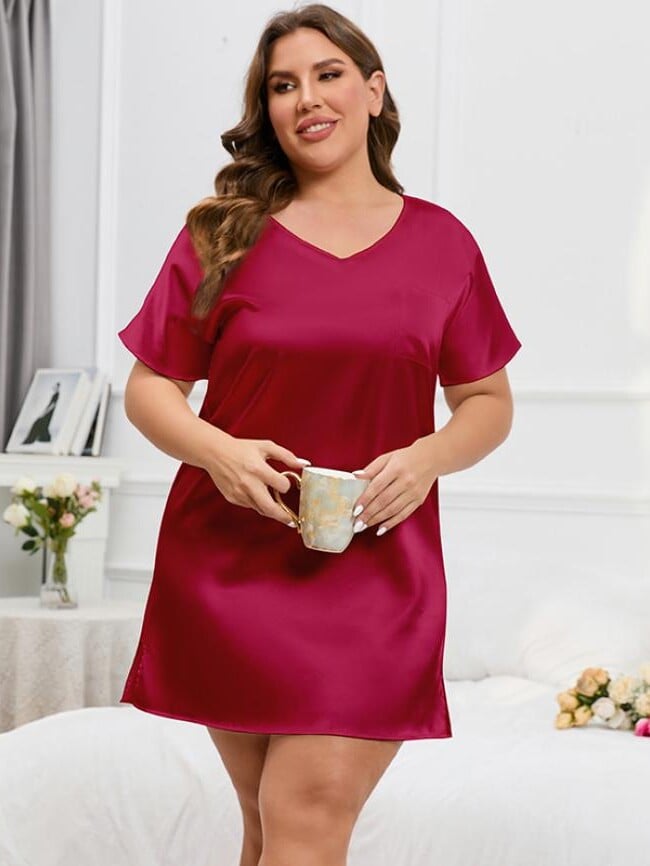 Plus pocket decor slit hem v-neck loungewear dress