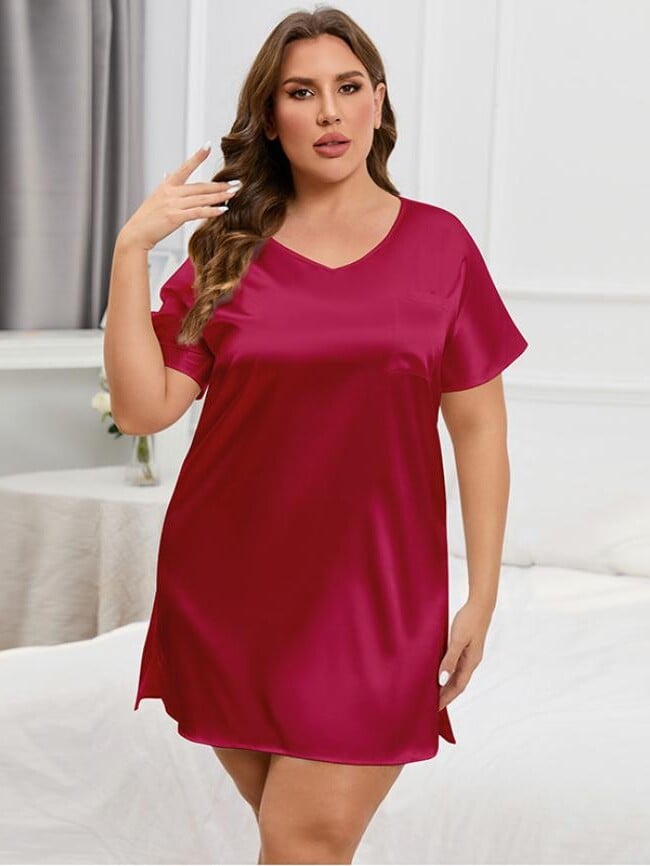 Plus pocket decor slit hem v-neck loungewear dress