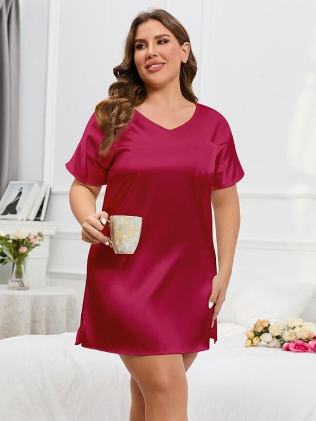 Plus pocket decor slit hem v-neck loungewear dress