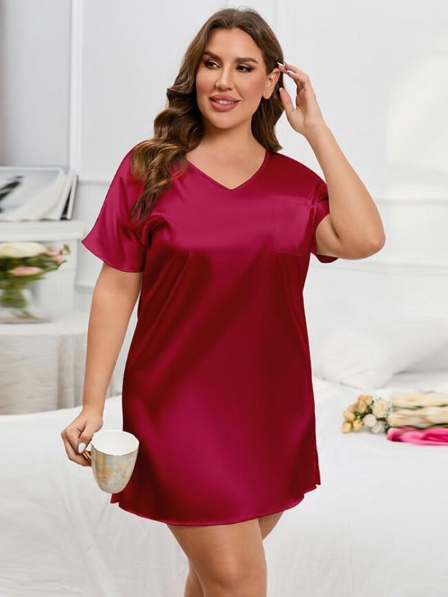 Plus pocket decor slit hem v-neck loungewear dress