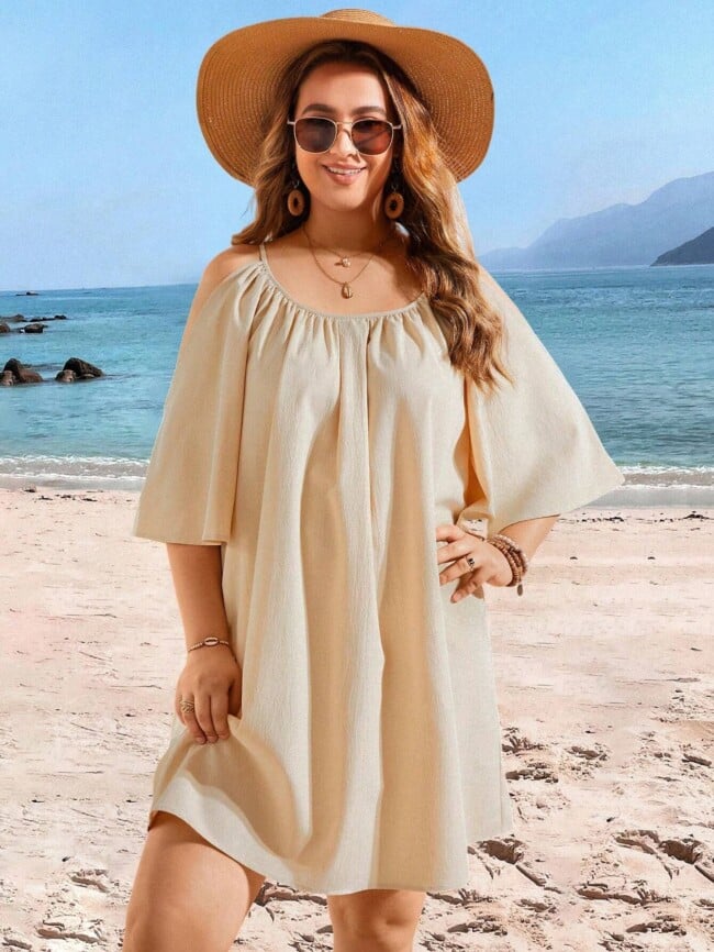 plus off shoulder round neck casual dress