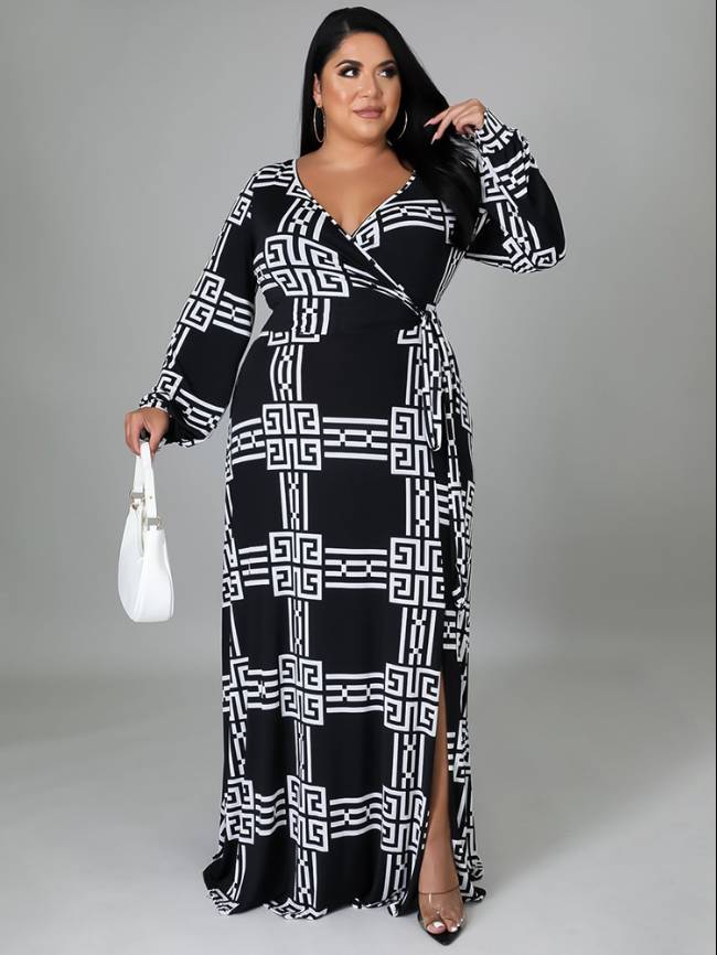 plus printed tie waist long sleeve dress