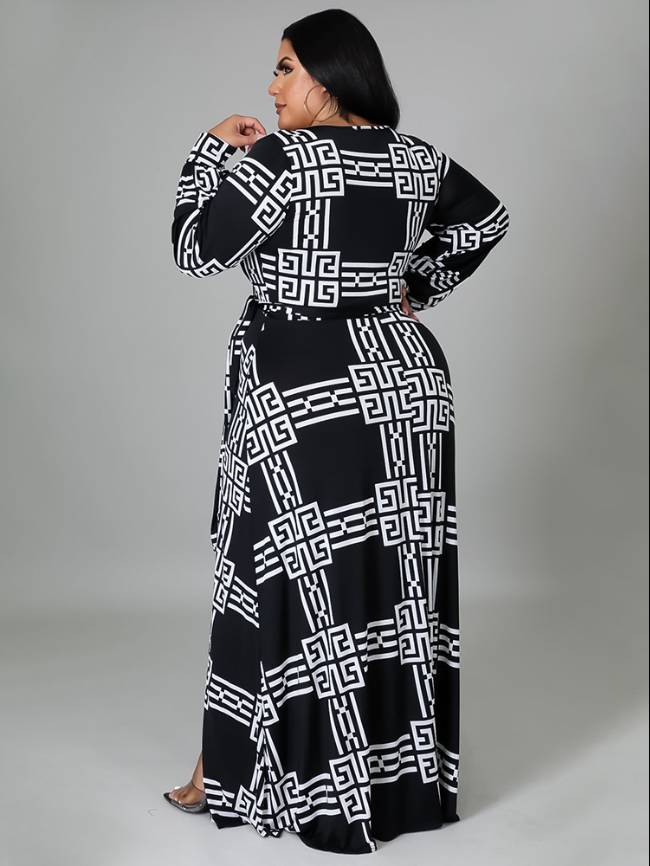 plus printed tie waist long sleeve dress